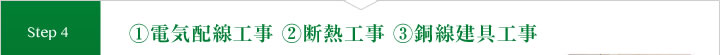 (1)電気配線工事 (2)断熱工事 (3)銅線建具工事